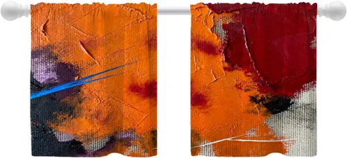 Vista 157 de Shrahala Beige and Orange Abstract Art Brushstrokes Blackout Curtain Tiers, Abstract Oil Paint Kitchen Valance Light Blocking Tier Drapes with Rod