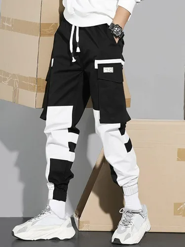 Vista 5 de Floerns Pantalones largos de carga de cintura alta con cordón de bloque de color para hombre con bolsillo