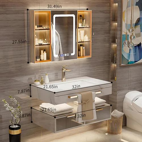 Vista 6 de Tocador de baño con fregadero, lavabo individual/doble y gabinete con espejo LED para eliminar la niebla, diseño moderno, tocador flotante montado