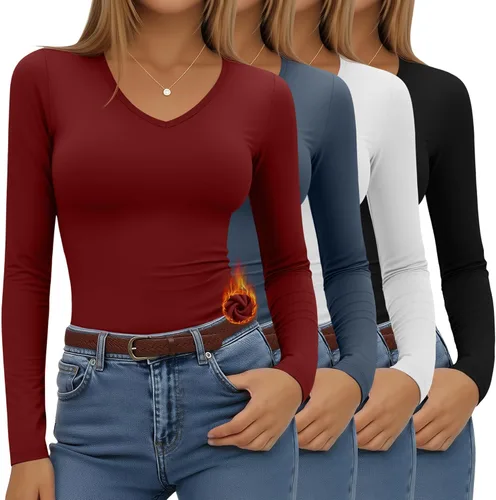 Vista 7 de Paquete de 4 camisas térmicas de manga larga para mujer, con forro polar, cuello en V, ropa interior ajustada, capa base, básica, tops cálidos