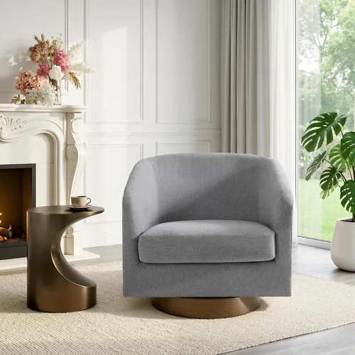 Vista 28 de Silla Giratoria de Acento de Cuero Sintético con Base de Madera, Sillas de Barril Tapizadas Modernas para Sala de Estar, Cómodo Sillón Redondo Sofá