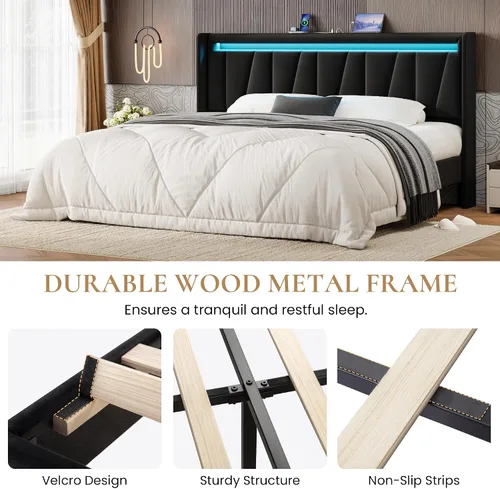 Vista 7 de SHA CERLIN - Base de cama tamaño King con estación de carga y luces LED, cama moderna de plataforma de terciopelo con cabecera tapizada geométrica