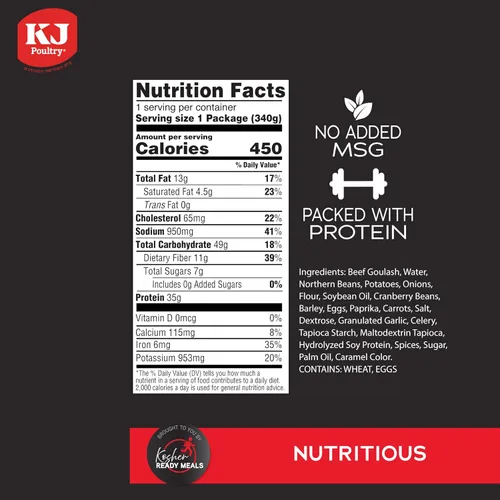 Vista 2 de KJ Poultry Comidas preparadas kosher – Chulent de carne y kugel, MRE comidas de carne listas para comer, comida de shabbos (paquete de 1) preparada