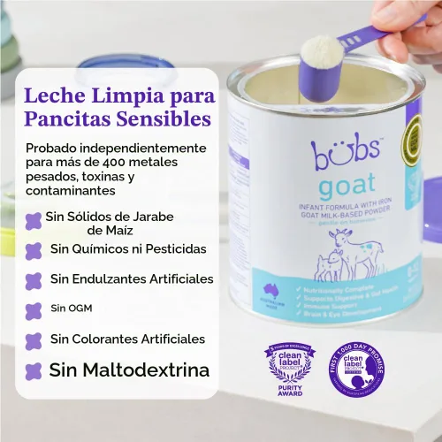Vista 4 de Bubs Fórmula de leche entera de cabra con hierro, polvo a base de leche de cabra, para bebés de 0 a 12 meses, hecha con leche de cabra sin OMG, 20