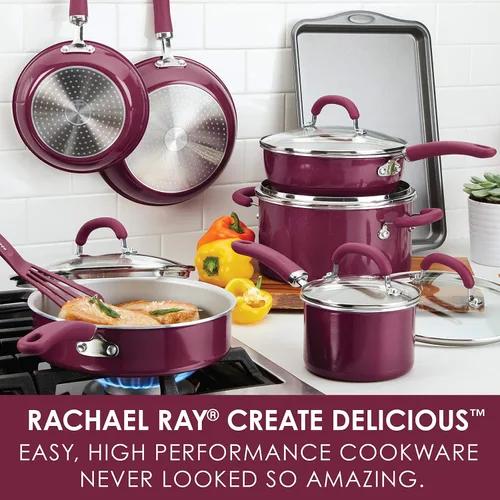 Vista 2 de Rachael Ray Create Delicious - Juego de ollas y sartenes antiadherentes, 13 piezas, color burdeos brillante