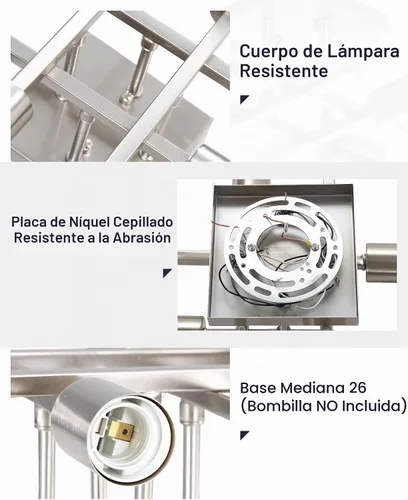 Vista 5 de Lámpara de techo industrial de 4 luces, semiempotrada, moderna lámpara de araña de níquel cepillado, lámpara de techo Sputnik con base de bombilla