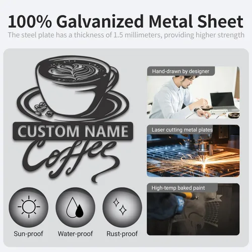 Vista 9 de Arte de pared de metal personalizado de café, letrero de café personalizado, letrero de nombre personalizado para amantes del café, regalo de arte