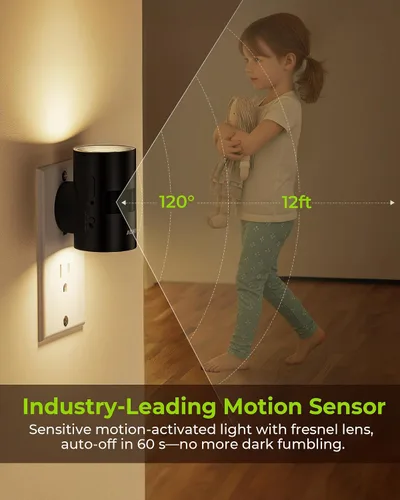 Vista 4 de AUVON Luz nocturna LED enchufable, luz nocturna moderna con sensor de movimiento con diseño giratorio de 90° y sensor de atardecer a amanecer, luces