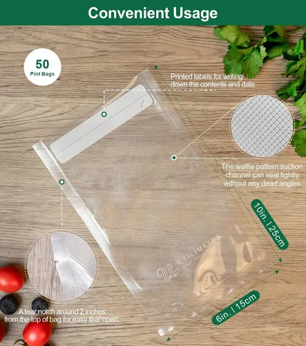 Vista 3 de Bolsas selladoras al vacío para alimentos, 50 x 10 pulgadas, etiqueta preimpresa, sin BPA, bolsas pequeñas para ahorrar alimentos, ideal para bolsas