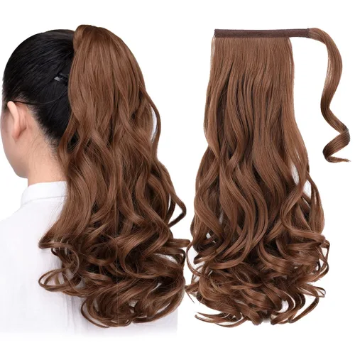 Vista 44 de Extensiones de cola de caballo, extensión de cola de caballo negra de 16 pulgadas, corta, ondulada, rizada, envolvente, resistente al calor