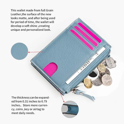 Vista 4 de Cartera delgada para mujer, pequeña cartera de cuero con bloqueo RFID, tarjetero minimalista con bolsillo frontal con monederos y bolsas, Azul