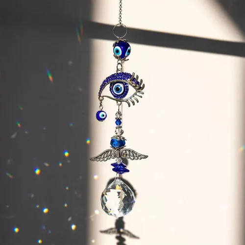 Vista 5 de Atrapasoles de ángel azul para decoración de mal de ojo, dije de mal de ojo colgante para ventana de coche, regalo de Navidad, decoración del hogar
