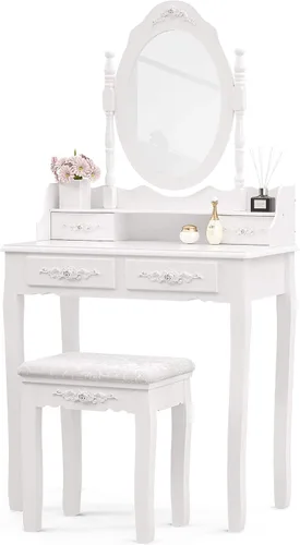 Vista 10 de Alohappy - Juego de mesa de maquillaje con espejo y taburete para niñas, mesa de maquillaje y taburete acolchado con 4 cajones, tocador de madera