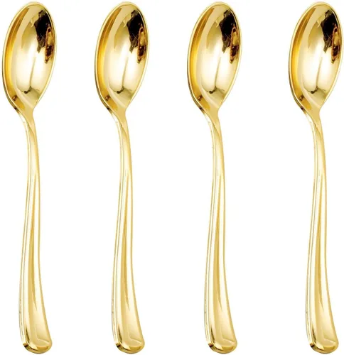 Vista 10 de WDF 100 tenedores de plástico dorado – Tenedores resistentes y duraderos desechables de 7.4 pulgadas – Elegantes tenedores dorados para postre