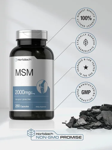 Vista 5 de Horbäach Cápsulas de suplemento MSM 2000 mg 250 unidades Fórmula sin OMG y sin gluten Metilsulfonilmetano