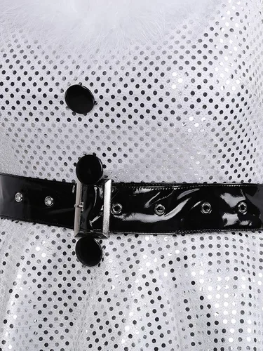 Vista 7 de Minivestido sexy de 3 piezas para mujer, con lentejuelas brillantes, hombros descubiertos, de piel sintética, acampanado, para fiestas de Navidad