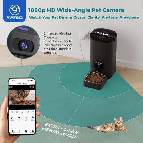 Vista 2 de PAPIFEED Comedero automático para gatos con cámara, 1080P HD y visión nocturna, dispensador de comida para gatos de 6 litros con aplicación
