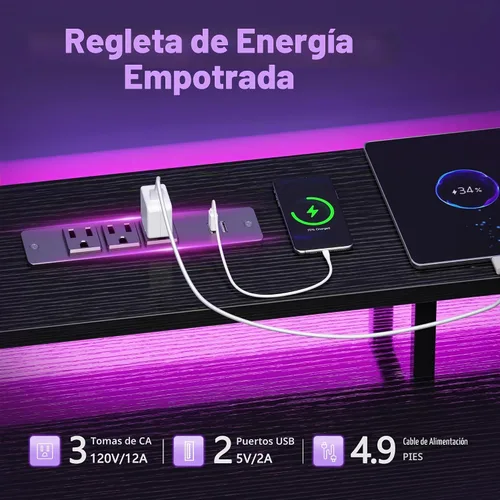 Vista 6 de Korfile - Escritorio para computadora de 47 pulgadas con 5 cajones de almacenamiento de tela, escritorio para juegos con tomas de corriente y luces