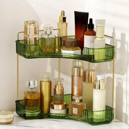 Vista 15 de Organizador de esquina para encimera de baño, estante de baño, organizador de maquillaje para tocador, bandeja de perfume para almacenamiento en Azul
