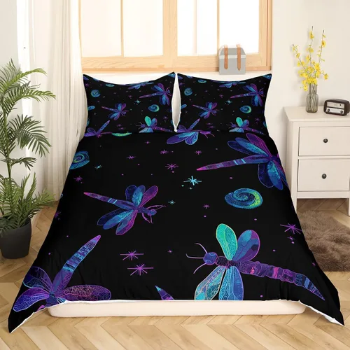 Vista 3 de Juego de ropa de cama con diseño de libélula para mujer, diseño de libélulas color azul y morado, tamaño individual, para niños y niñas, juego