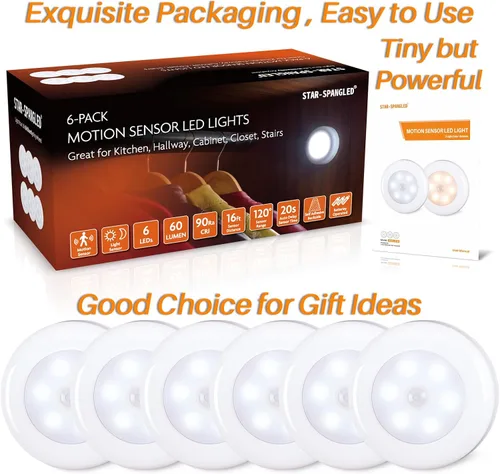 Vista 6 de STAR-SPANGLED Paquete de 6 luces con sensor de movimiento de 2.8 pulgadas para interiores, funciona con pilas AAA, luz LED para pegar en escaleras