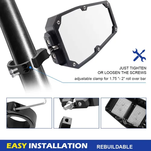 Vista 2 de WeiSen Espejos UTV con luces con cableado e interruptor de reinicio automático, espejos SXS para jaula enrollable de 1.75 a 2 pulgadas, espejo
