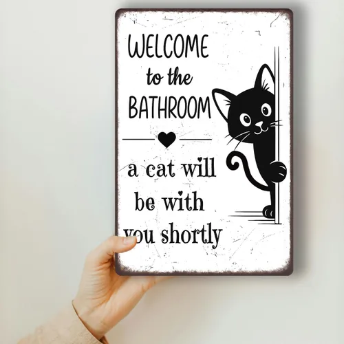 Vista 4 de Divertida decoración de baño – Welcome to the Bathroom A Cat Will Be With You Shortly – Cartel de metal de gato negro para baño, inodoro o tocador