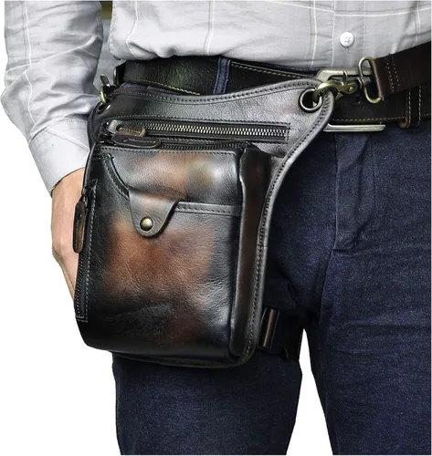 Vista 2 de Le'aokuu Riñonera deportiva de cuero genuino para mujer y hombre, riñonera, para montar a la cadera, para muslo, piernas cruzadas