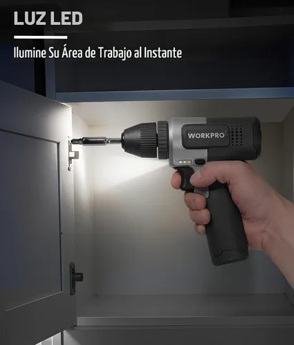 Vista 7 de WORKPRO Juego de taladro inalámbrico de 8 V, taladro eléctrico de 2 Ah con portabrocas sin llave de 3/8 pulgadas, 15 puntas, carga tipo C, LED