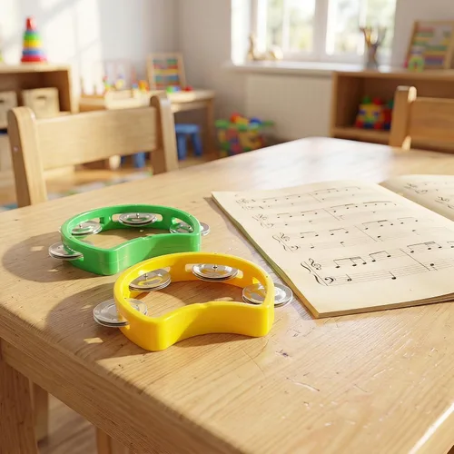 Vista 6 de Pandereta mini campana de mano de percusión instrumento musical pandereta pequeña (1 verde y 1 amarillo) Paquete de 2 (1 verde y 1 amarillo)