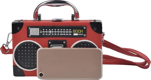 Vista 5 de QZUnique Bolso de hombro en forma de cinta con grabador de radio PU Crossbody bolso de noche retro para mujer, bolso de mano