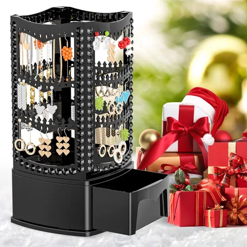 Vista 9 de Famitree Soporte giratorio de 360 grados y organizador de joyas, soporte clásico de 4 niveles, 156 agujeros y 160 ranuras para collares, aretes