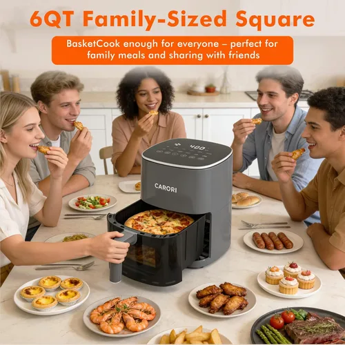 Vista 2 de CARORI Freidora de aire de 6 cuartos con ventana de visión, 12 preajustados, gran capacidad, 400 ℉ máximo crujiente, 1700 W comidas rápidas incluso