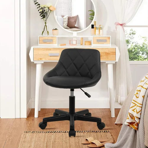 Vista 9 de KLASIKA Taburete con ruedas de respaldo bajo negro, taburetes de tocador de cuero PU, altura ajustable ergonómica giratoria giratoria silla