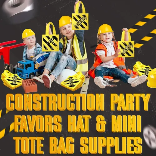 Vista 4 de Bedwina Suministros para fiestas temáticas de construcción, paquete de 24, suministros para sombreros y mini bolsas de mano, (12) sombreros