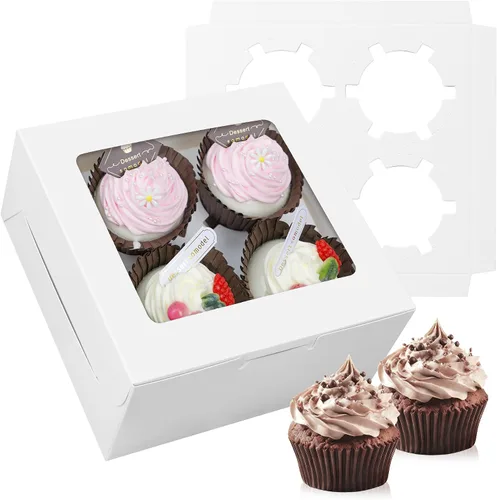 Vista 11 de Juego de 10 cajas para cupcakes a granel con ventana transparente para 4 cupcakes estándar, contenedor desechable de grado alimenticio rojo