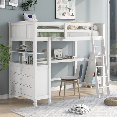 Vista 11 de Merax Cama tipo loft de madera de tamaño individual con escritorio en forma de L, 2 cajones integrados/2 estantes, cama tipo loft multifuncional