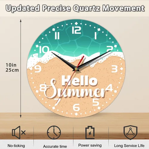 Vista 2 de Reloj para sala de estar, Hello, reloj de pared de verano, silencioso sin tictac, funciona con pilas, 10 pulgadas, decoración del hogar para sala