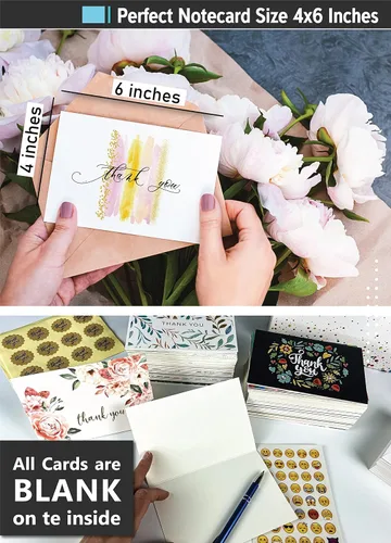 Vista 2 de 100 tarjetas de agradecimiento únicas a granel con sobres, tarjetas de notas en blanco de 4 x 6 con 100 diseños coloridos diferentes, sin