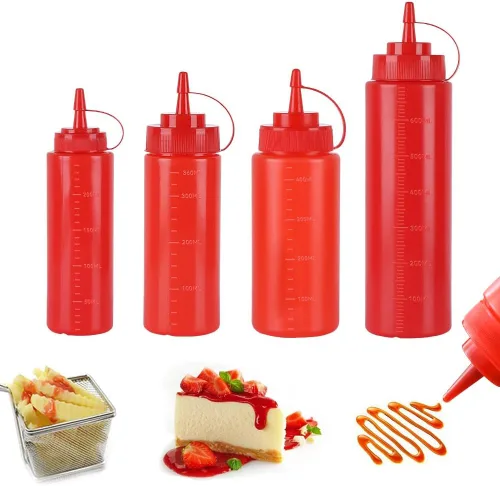 Vista 18 de Botellas de plástico de 3 colores de 12 onzas, botellas para apretar condimentos, botella multiusos para salsa de tomate, aceite, mermelada, salsa