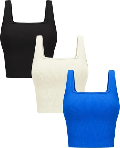 Vista 8 de OLCHEE - Camisetas cortas sin mangas para mujer, pack de 3, básicas, sin costuras, acanaladas, cuello cuadrado, para entrenamiento, verano Negro +