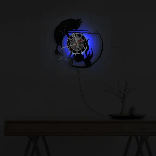 Vista 7 de The Geeky Days Reloj de pared con iluminación LED de gato negro con pecera, lámpara de noche para guardería, habitación de niños, gatito juguetón