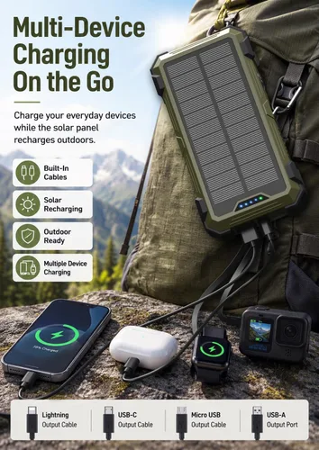 Vista 2 de Sudrov Banco de energía solar de 20,000 mAh, 15 W con cables integrados, cargador portátil, regalos para hombres, él marido, paquete de batería