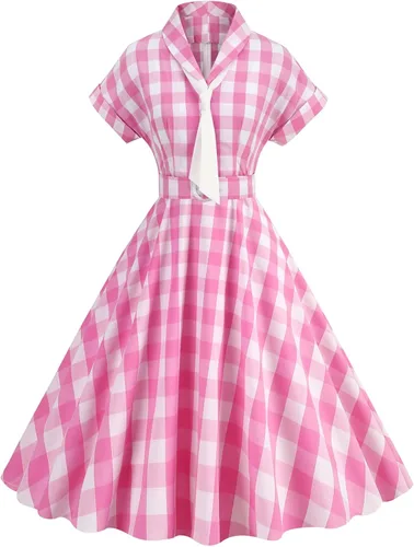 Vista 3 de Vestido vintage de los años 50 para mujer, vestidos pin up Rero Rockablilly, vestido de cóctel a cuadros Hepburn de los años 40