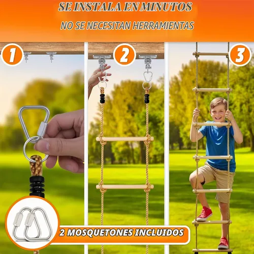 Vista 3 de Escalera de cuerda de madera para niños, escalera de escalada de árbol de 6