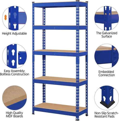 Vista 4 de Topeakmart Estantes utilitarios de 5 niveles, estantes de almacenamiento de metal, estanterías ajustables, montaje sin tornillos, estantes de Azul