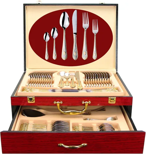 Vista 12 de Juego de cubiertos de lujo de 75 piezas para 12 con estuche de almacenamiento de madera, servicio de cubiertos de comedor de alta calidad, cubiertos