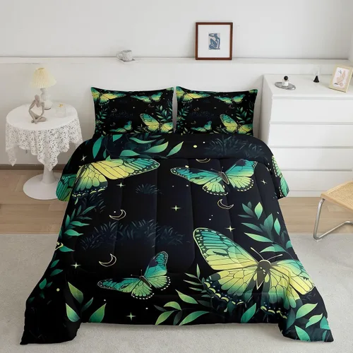 Vista 19 de Erosebridal Juego de ropa de cama de calavera gótica, flores mandala, mariposa hippie para niñas y niños, edredón de esqueleto de la muerte de Negro