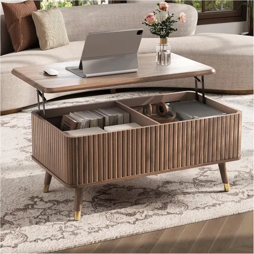 Vista 25 de SULIVES Mesa auxiliar ovalada con almacenamiento, mesa de centro multifuncional con tambor elevable, pequeña mesa central acanalada para sala