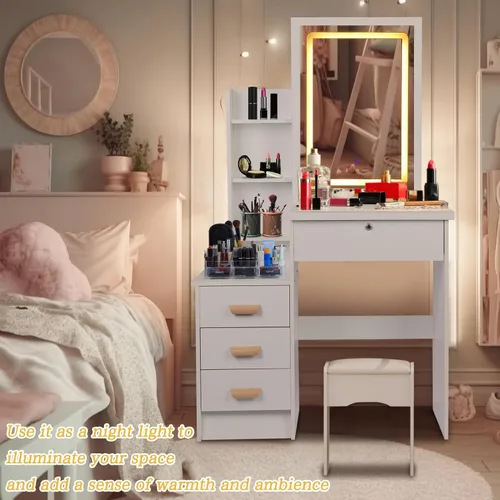 Vista 6 de Escritorio de tocador con espejo y luces, espejo de tocador con luces, escritorio y silla, escritorio de maquillaje con luces, 3 modos